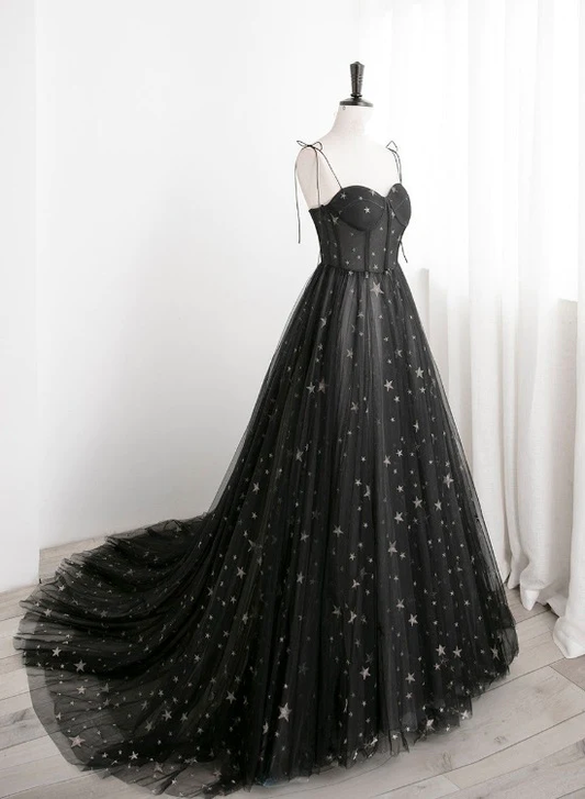 Black Sweetheart Tulle Straps Long Evening Dress, Black Formal Dress Party Dresses   Prom dress gh11