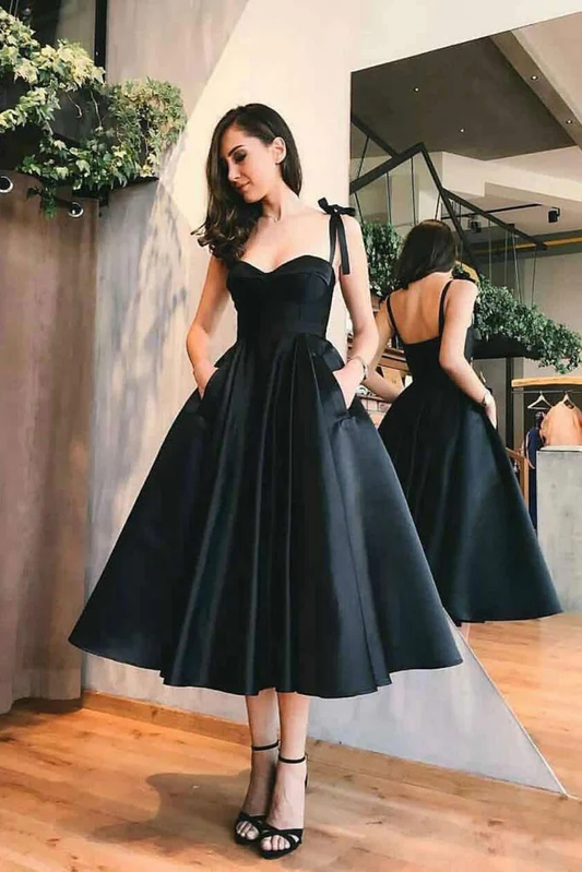 Sweetheart Satin Tea Length Spaghetti Straps Short Prom Dresses Homecoming Dresses  gh830