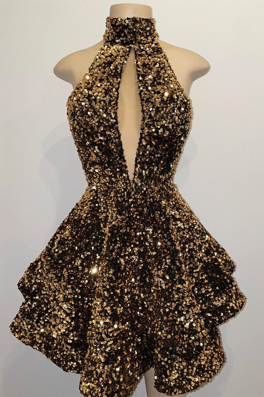 Gold Sequin Halter Keyhole A-Line Short Homecoming Dress  gh1307