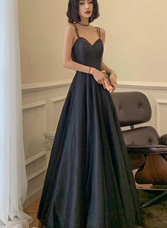 Beautiful Black Straps Tulle With Satin Long Party Dress, Black Evening Dress gh340