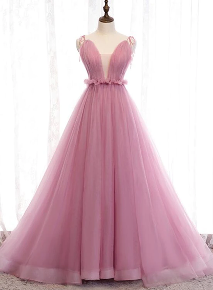 Bezauberndes langes Abendkleid aus Tüll mit V-Ausschnitt und Trägern in Rosa, Abendkleid in Rosa gh182