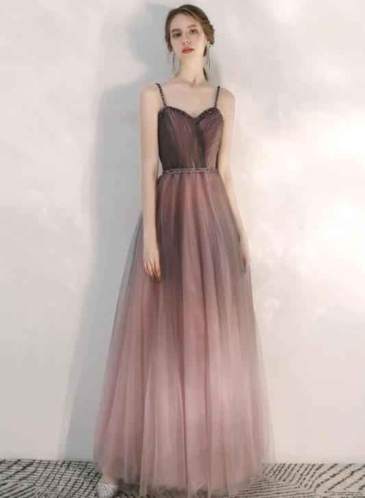 Beautiful Gradient Tulle Straps Sweetheart Long Party Dress, Long Junior Prom Dresses  gh23