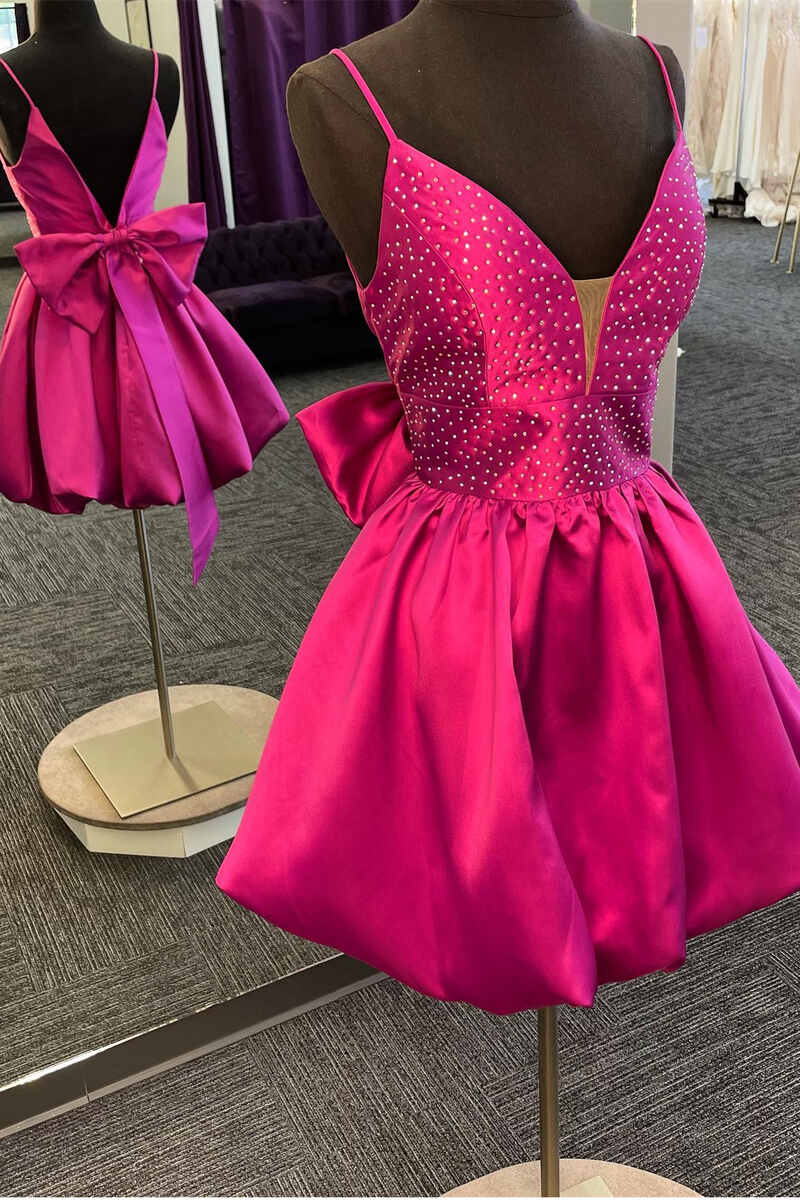 Magenta Beaded V-Neck Bow Back A-Line Short Homecoming Dress gh1431