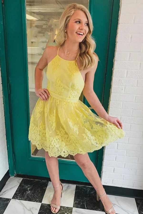 Backless Short Lace Appliques Prom Dresses,A Line Yellow Graduation Homecoming Dresses,Cocktail Dress  gh1648