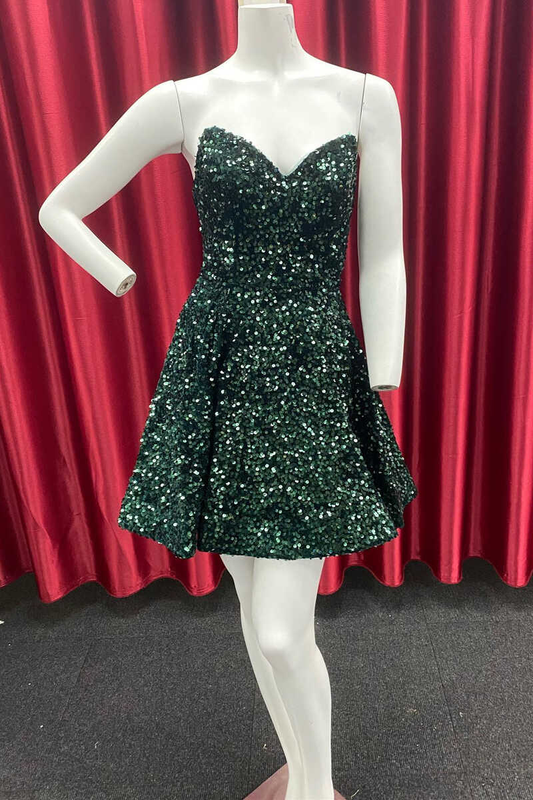 Dark Green Sequin Sweetheart A-Line Short Homecoming Dress gh1328