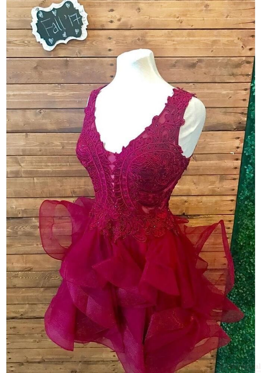 Organza Homecoming Dress,Spitzen Homecoming Kleider,Kurze Partykleider,Spitzen Homecoming Kleider,Abschlussballkleider mit V-Ausschnitt,Burgundy Homecoming Kleider gh874