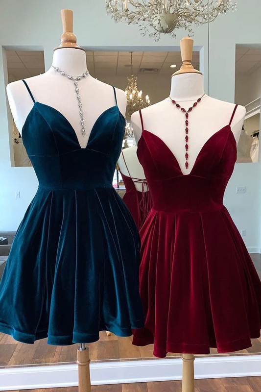 Tie Back Straps Velvet Navy Blue Homecoming Dress  gh835