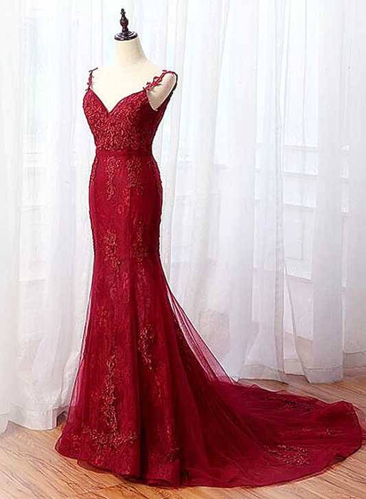 Charmante robe de bal sirène en dentelle bordeaux, robe de soirée longue en tulle gh431