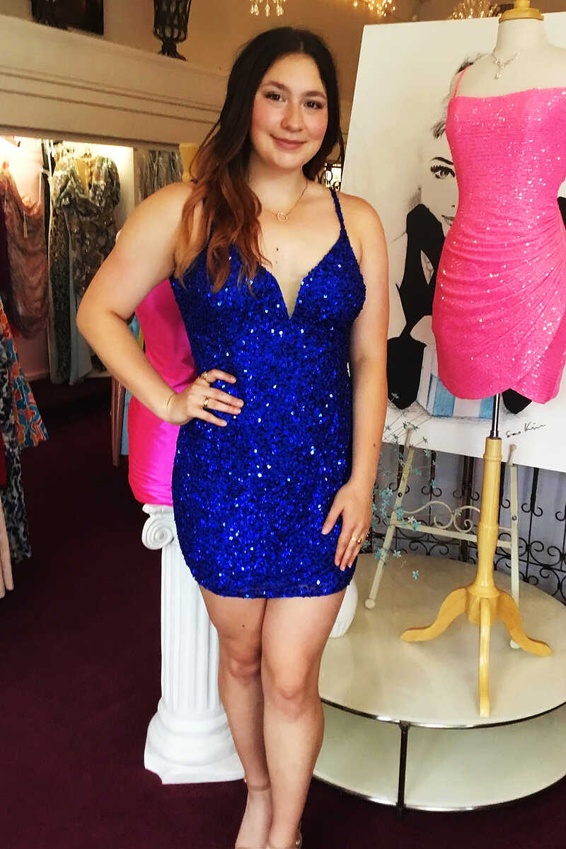 Royal Blue Sequin V-Neck Cutout Back Bodycon Short Dress  gh1256