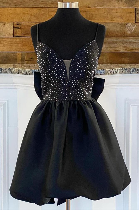 Bow Back Black Beaded Straps Backless Skater Dress gh1381