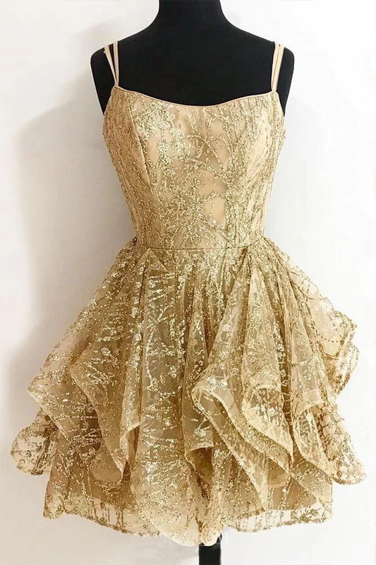 A-Linie Pailletten Gold Homecoming Dress, Glitter Short Prom Dress gh821