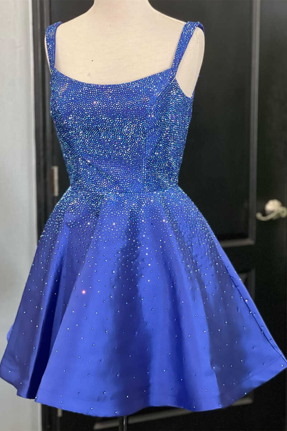 Royal Blue Beaded Square Neck A-Line Short Homecoming Dress gh1375