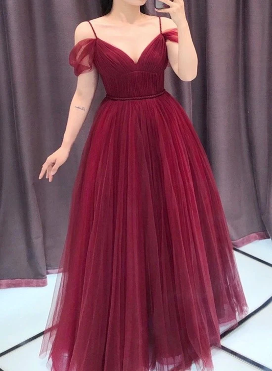 Wine Red Straps Off Shoulder A-Line Tulle Evening Dress Party Dress, Dark Red Prom Dress Formal Gown gh84