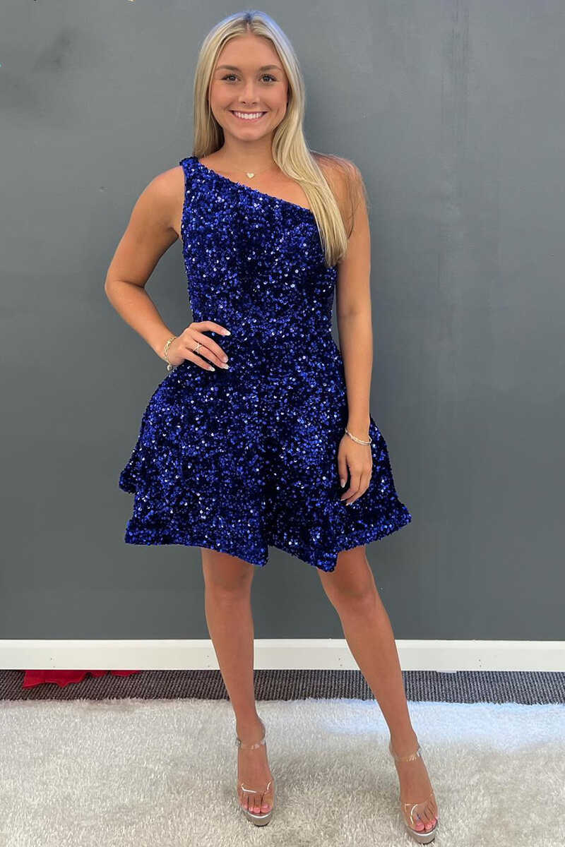 One-Shoulder Royal Blue Sequins A-Line Short Homecoming Dress  gh1378