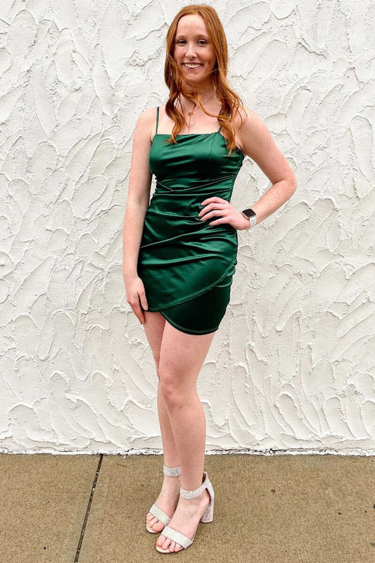 Green Spaghetti Straps Ruched Mini Homecoming Dress gh1376