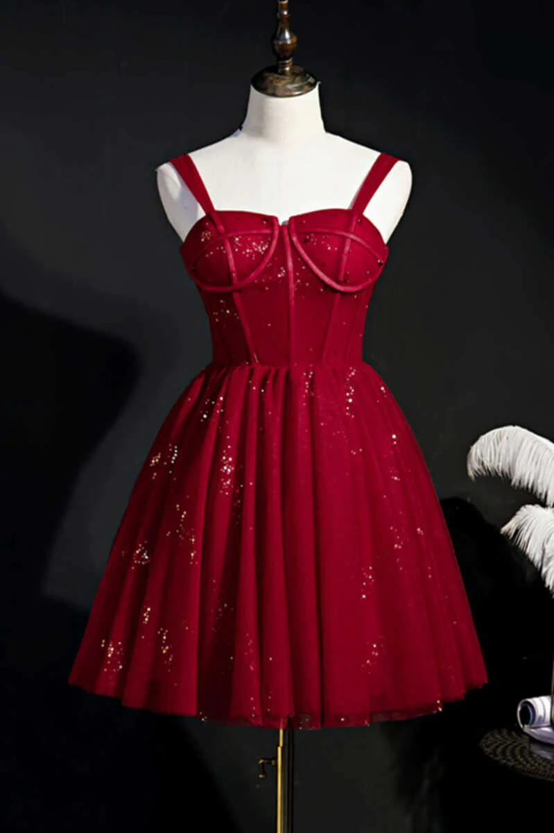 Sparkle Wine Red Straps Lace-Up Short Homecoming Dress  gh1388