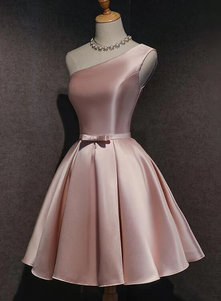 Robe de soirée en satin rose à une épaule, robe de bal longueur genou gh853