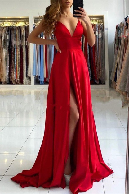Rotes Ballkleid mit V-Ausschnitt und Split gh701