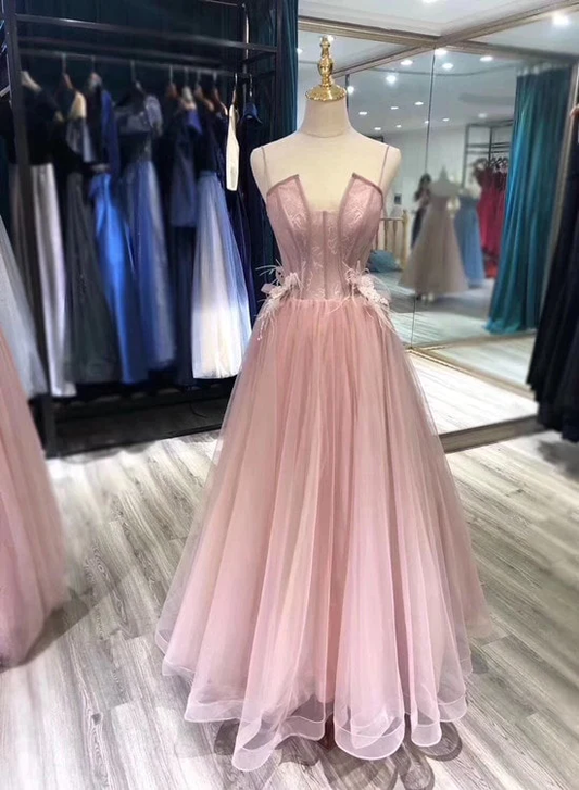 Bezaubernde Tüllträger langes formelles Kleid, rosafarbenes elegantes Partykleid gh539