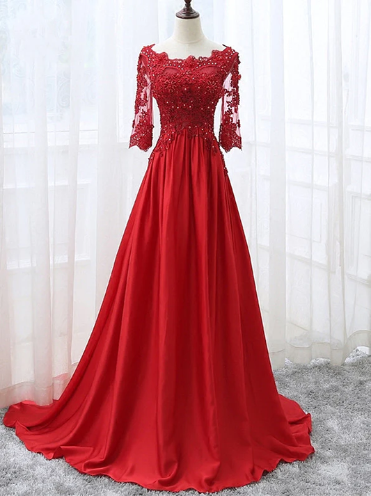 Beautiful Red Satin Short Sleeves Long Party Dress, Red Prom Dress gh187