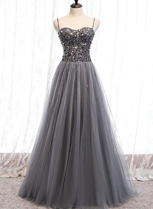 Beautiful Grey Beaded Tulle Prom Dresses, Straps Party Dress  gh194