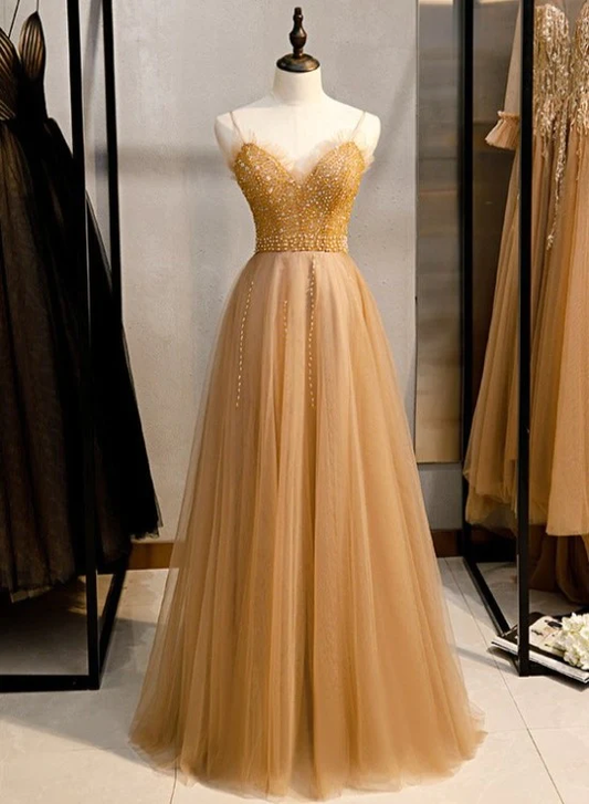 Robe de soirée longue à bretelles en tulle à paillettes champagne, robe de bal à décolleté en cœur gh25