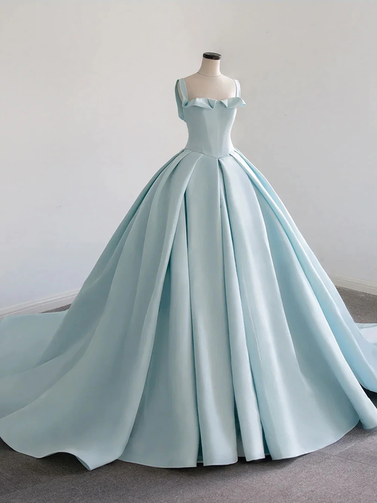 Blue satin long prom dress, blue sweet 16 dress gh984