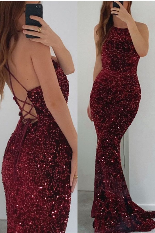 Burgundy Sleeveless Mermaid Prom Dress With Sequins  gh768