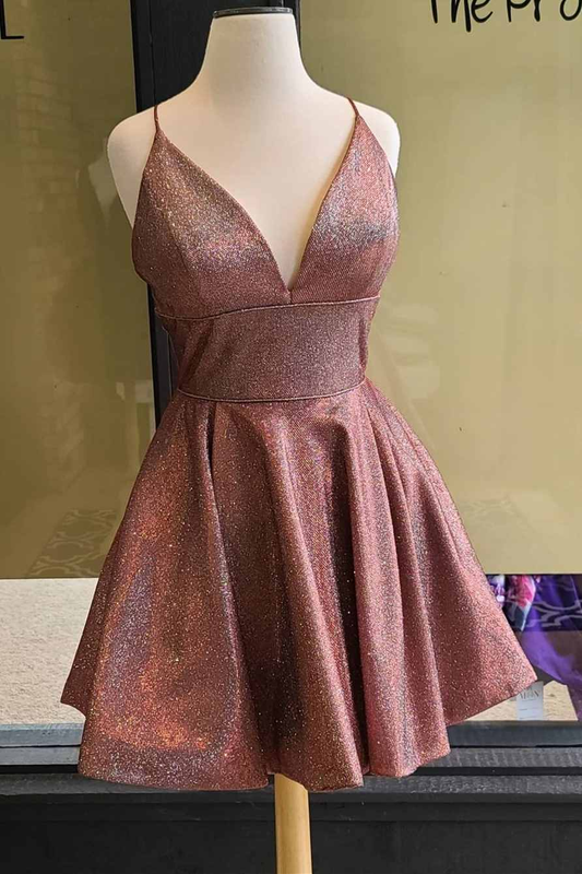 Rust Red Sequin V-Neck A-Line Homecoming Dress gh1464