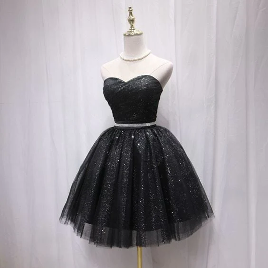 Robe de soirée courte noire sexy sans bretelles avec lacets dans le dos et sequins brillants gh851