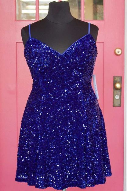 Royal Blue Sequin V-Neck Straps Lace-Up Back Homecoming Dress gh1456