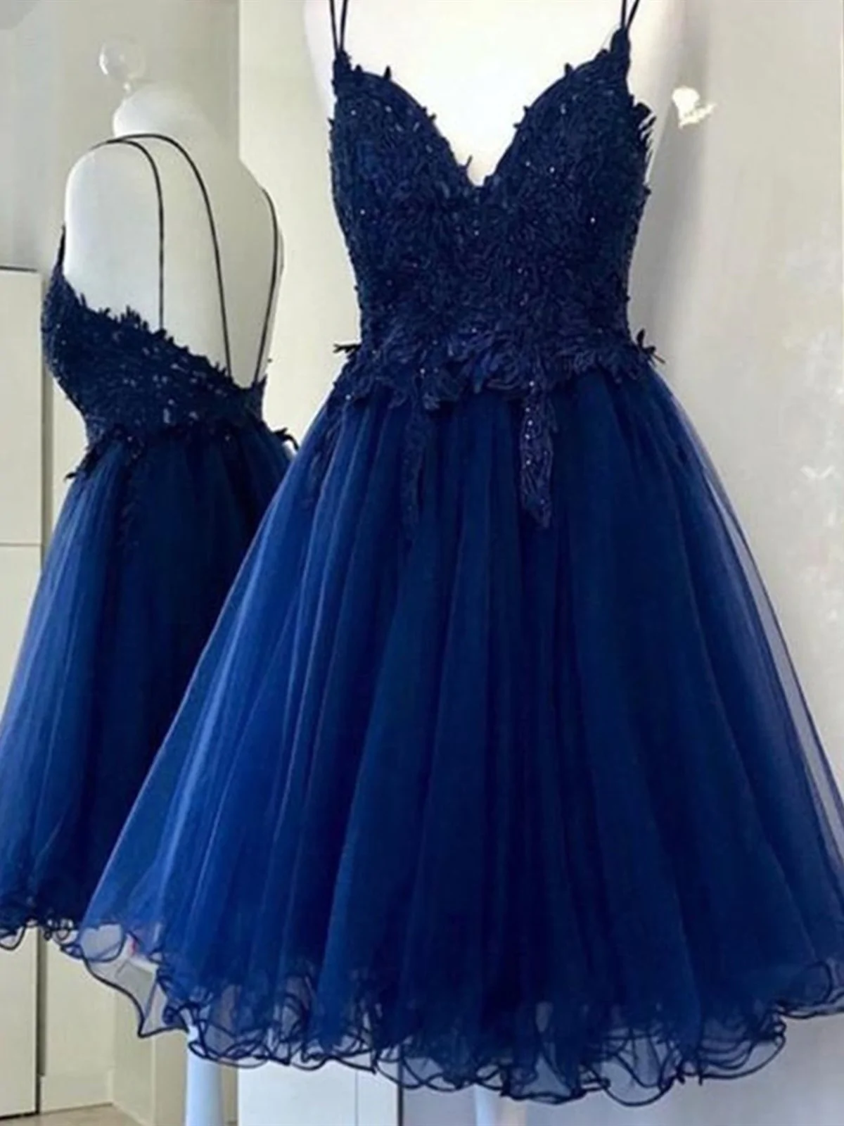 A Line V Neck Short Blue Prom Dresses, Short Blue Lace Graduation Homecoming Dresses gh1603