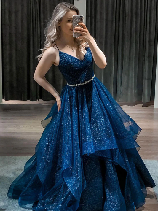 Langes Ballkleid aus Tüll mit V-Ausschnitt und Pailletten Blaues formelles Kleid gh913