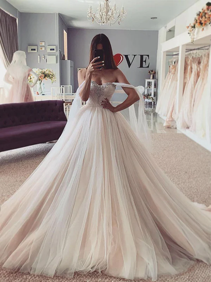 Ball Gown Sweetheart Tulle Beading Sleeveless Court Train Wedding Dresses gh1115