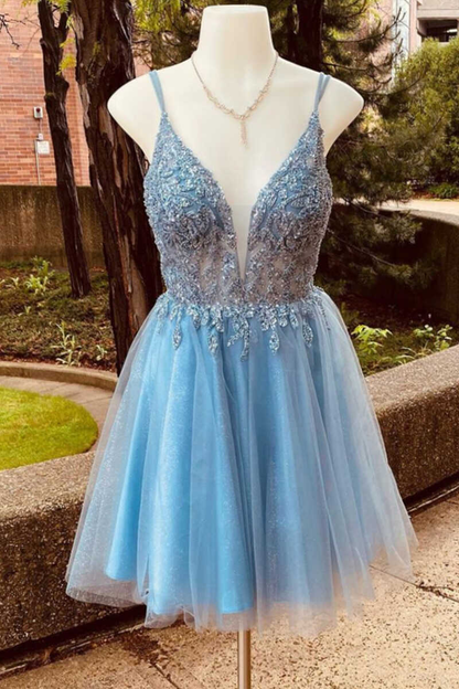 Stunning Blue Sequins Plunge Neck A-Line Short Homecoming Dress gh1408