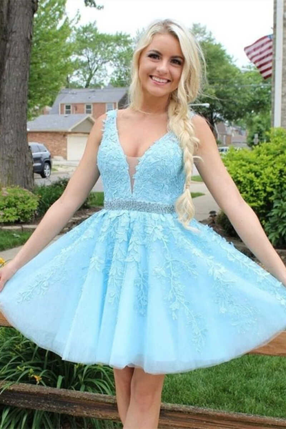 Light Blue Appliques V-Neck A-Line Short Homecoming Dress gh1327