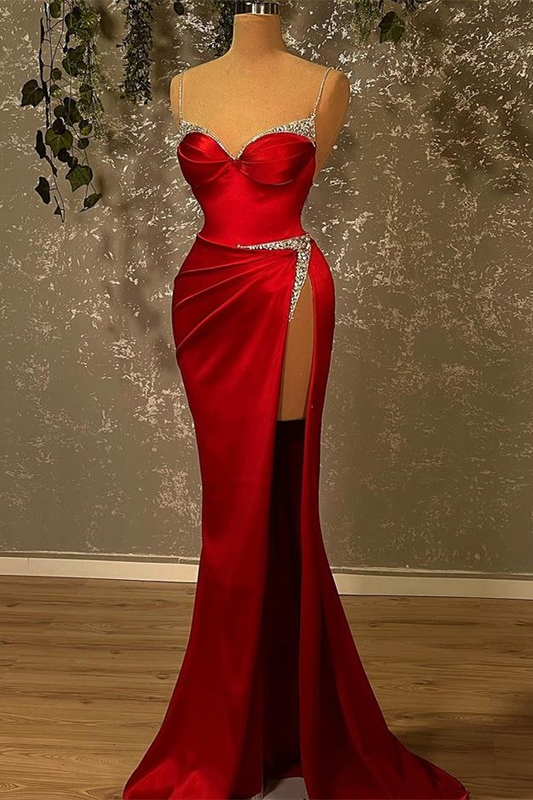 Burgundy Spaghetti-Straps Beadings Mermaid Prom Dress With Split gh771