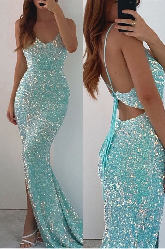 Spaghetti-Straps V-Neck Long Mermaid Prom Dress Split With Sequins  gh770