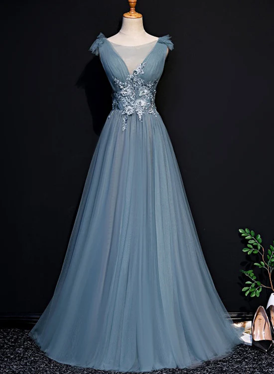 Beautiful Blue Tulle Long Party Dress, A-Line Prom Dress With Lace Applique gh271