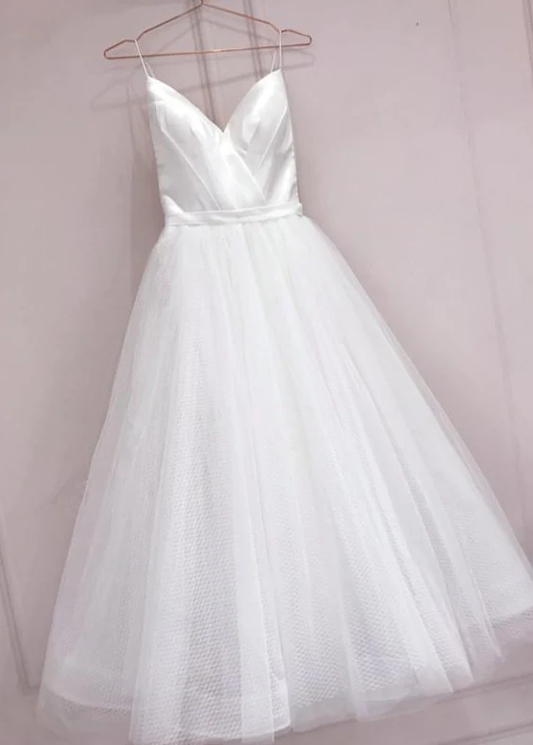 Simple White Tulle With Satin V-Neckline Tea Length Wedding Dress, Simple White Party Dress gh246