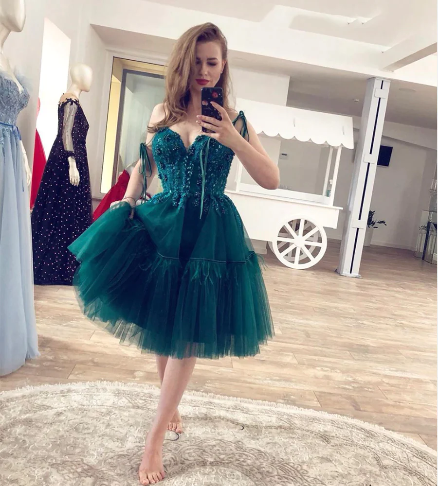 Cute green beaded tulle homecoming dresses ties straps mini prom evening dresses gh1661