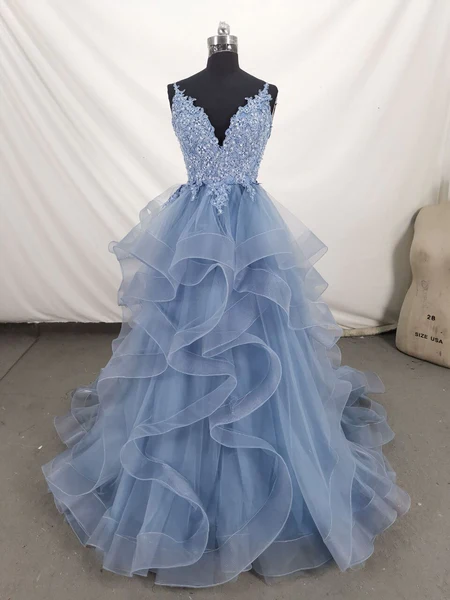 Beautiful Blue Straps Tulle Layers Long Party Dresses, Blue Evening Dresses Prom dress  gh20