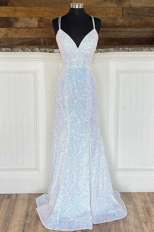 Silver Sequin V-Neck Empire Mermaid Long Prom Dress  gh1123