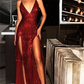 Red Sequins V-Neck Prom Dress With Slit gh612