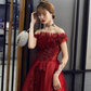 Robe de soirée en tulle rouge vin avec perles et dentelle à épaules dénudées, robe de bal rouge vin gh202
