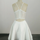 Weißes kurzes Abschlussballkleid aus Satinspitze mit V-Ausschnitt, formelle Kleider, weißes Heimkehrkleid gh813