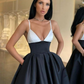 Robe de bal noire et blanche à bretelles spaghetti gh646