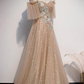Charming Champagne Tulle And Sequins Long Party Dress, A-Line Prom Dress gh319