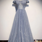 Belle robe de bal longue sans bretelles en tulle bleu perlé, ligne A, épaules dénudées gh7