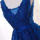 Elegant Blue Lace Applique Long Party Dress, Blue Prom Dress  gh381